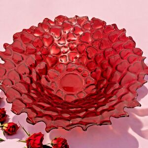Murano Style Red Art Glass Bowl 14" Heart Design Lavorazione Italy Centerpiece